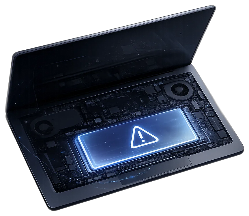 Cutaway laptop showing an internal battery warning