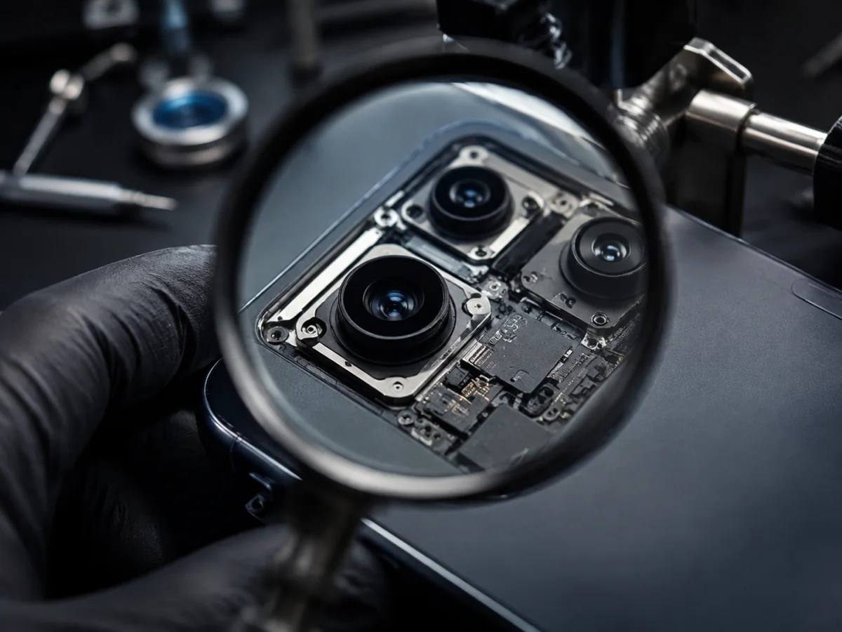 Magnified inspection of a smartphone camera and board