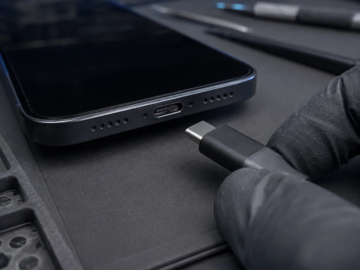 Smartphone charging area being examined on a repair bench