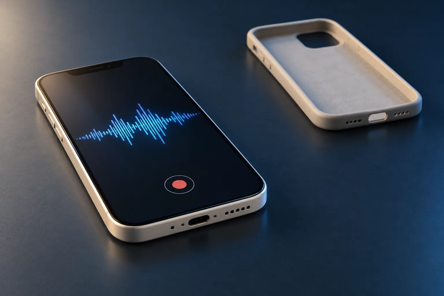 Illustration of an ivory smartphone displaying an abstract audio waveform beside its removed case