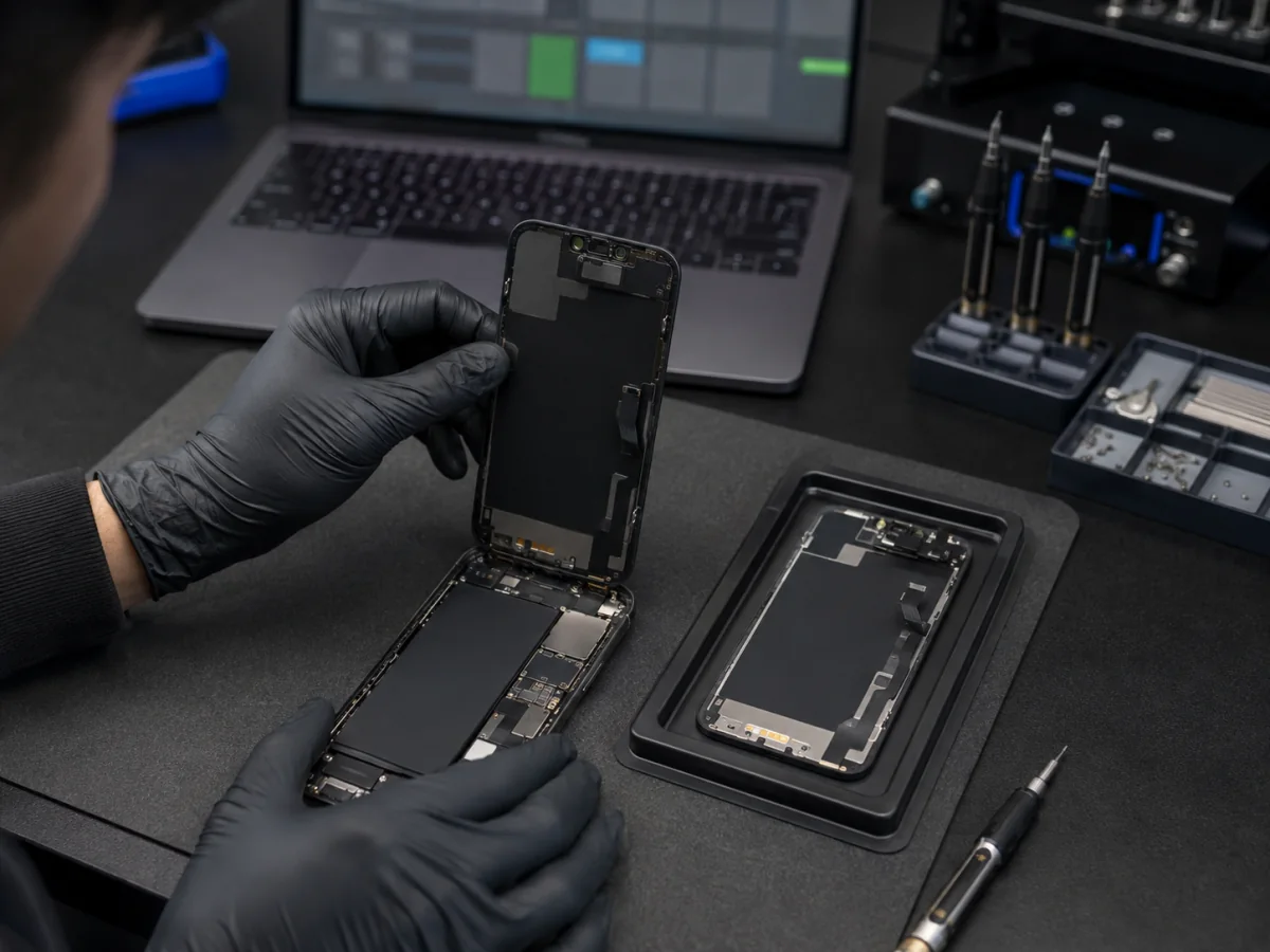 Technician inspecting an iPhone repair and replacement component