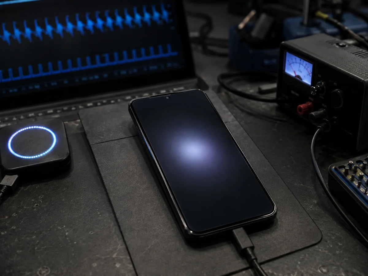 Technician diagnostic lens examining a phone circuit board