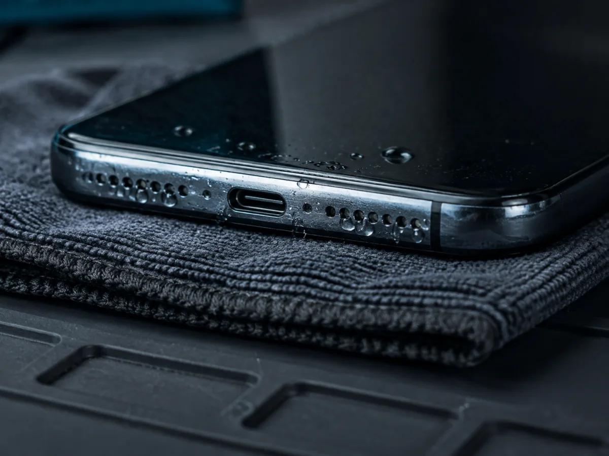 Smartphone exterior and speaker openings being inspected after liquid exposure