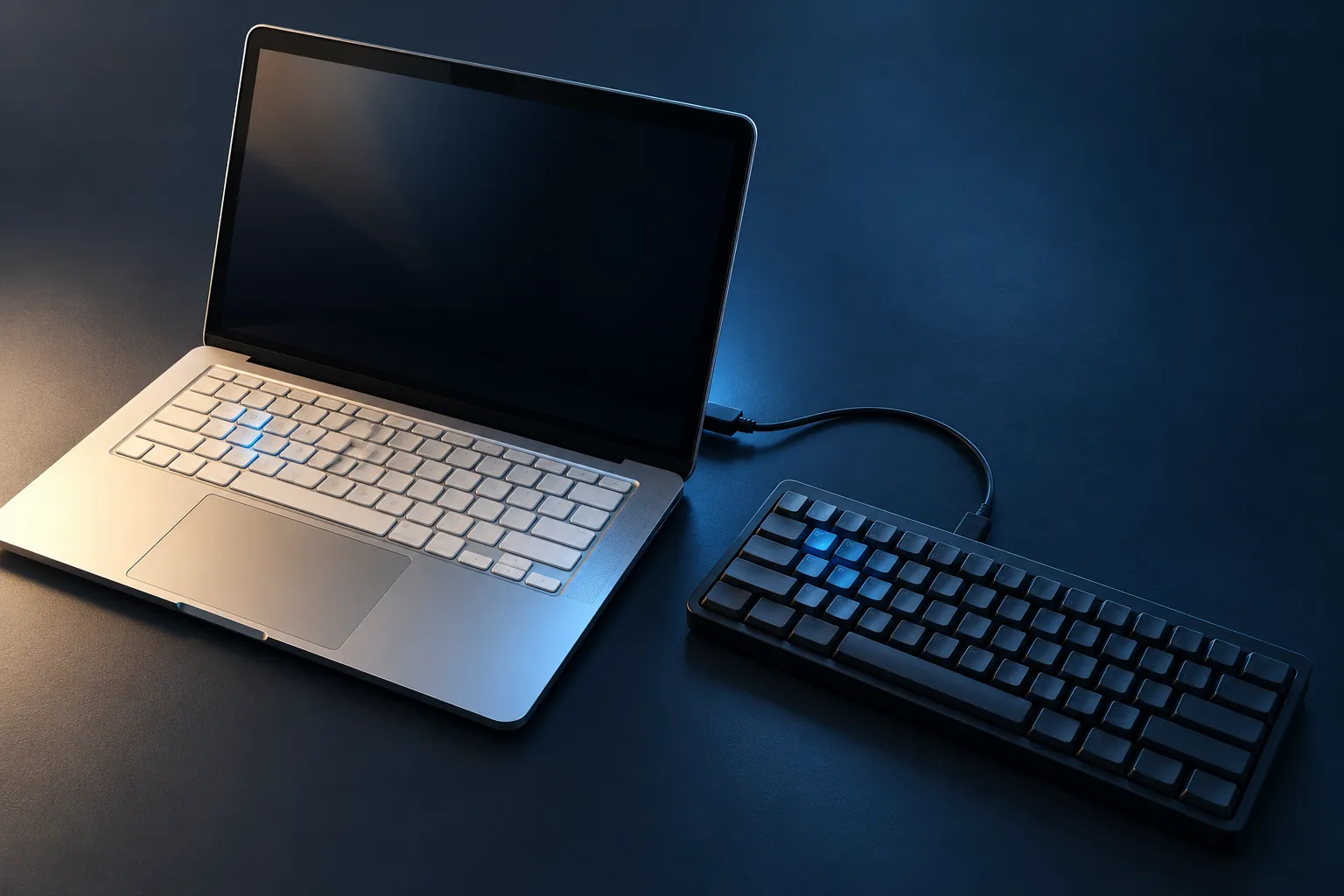 Illustration of a silver laptop beside a separate dark USB keyboard connected by a cable