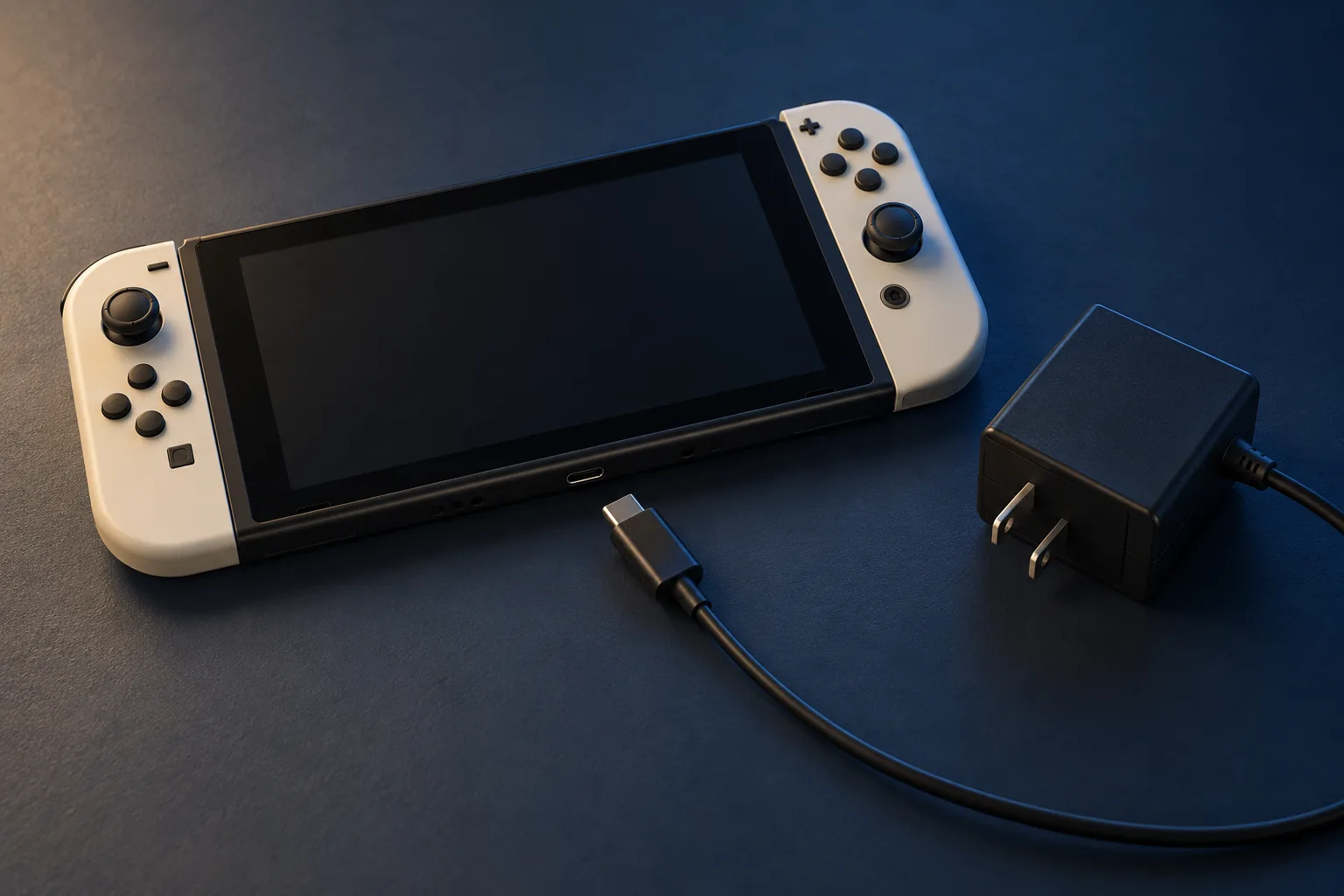 Illustration of a Switch-style handheld console with an intact dark screen beside a wall adapter and USB-C cable