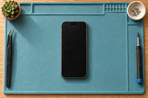 A miniature clay iPhone on a blue repair mat.